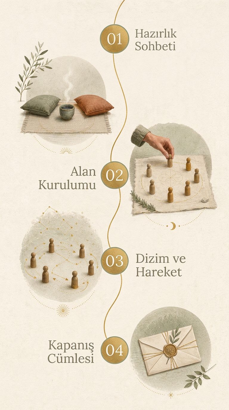 Aile dizimi seansının dört adımı: hazırlık sohbeti, alan kurulumu, dizim ve hareket, kapanış cümlesi — dikey düzende