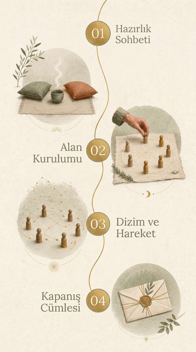 Aile dizimi seansının dört adımı: hazırlık sohbeti, alan kurulumu, dizim ve hareket, kapanış cümlesi — dikey düzende
