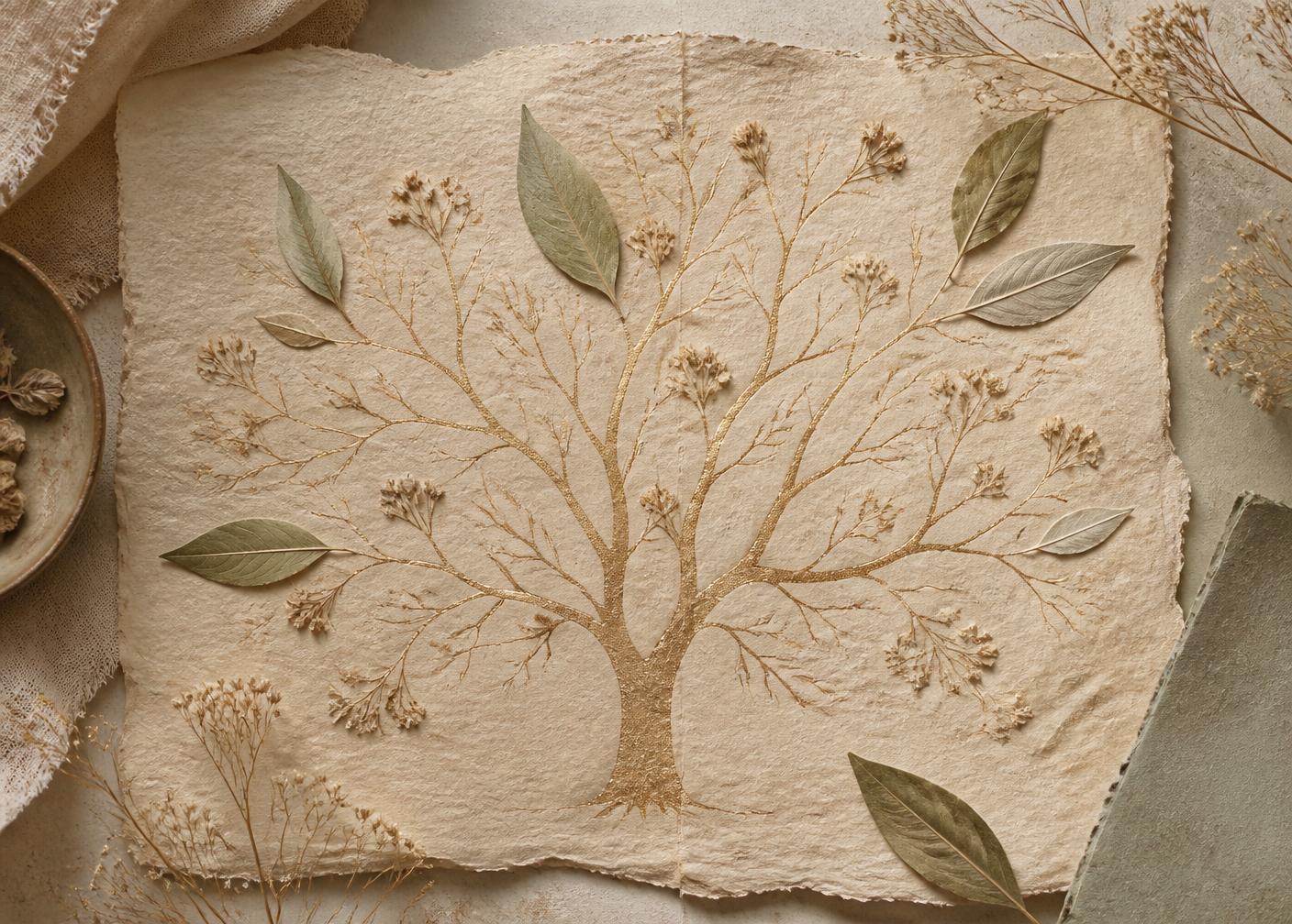 El yapımı kağıt üzerine altın çizgilerle çizilmiş soy ağacı ve kurutulmuş adaçayı yaprakları
