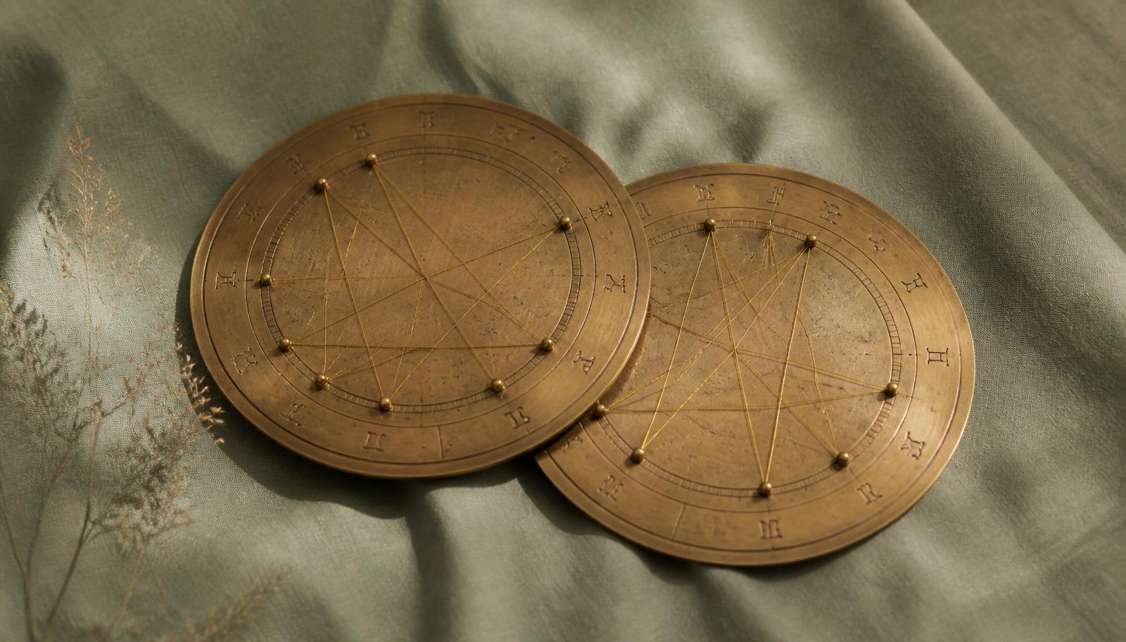 Adaçayı yeşili keten üzerinde üst üste duran iki pirinç astroloji çarkı ve altın açı çizgileri